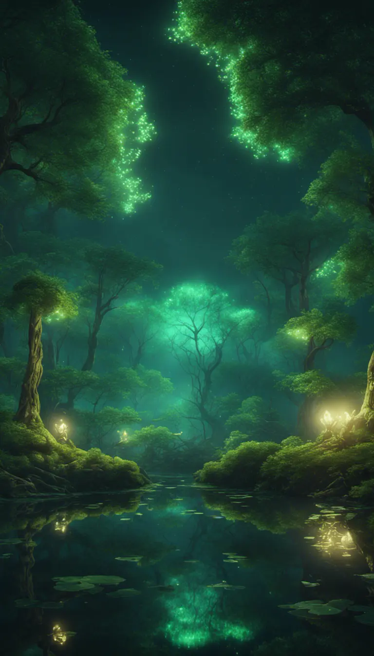 A magical pond in a fantasy forest with glowing green trees at night, 4k, HQ, Intricate, Artstation, Cinematic Lighting, Photo Realistic, Sharp Focus, Unreal Engine, Dark