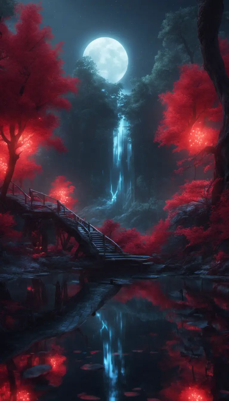 A magical pond in a fantasy forest with glowing red trees at night, 4k, HQ, Intricate, Artstation, Cinematic Lighting, Photo Realistic, Sharp Focus, Unreal Engine, Dark