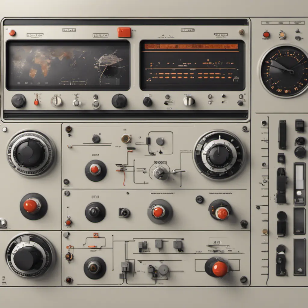 Soviet control panel for space craft designed by Dieter Rams, 8k, Highly Detailed, Vintage Illustration, Sharp Focus, Smooth, Octane Render