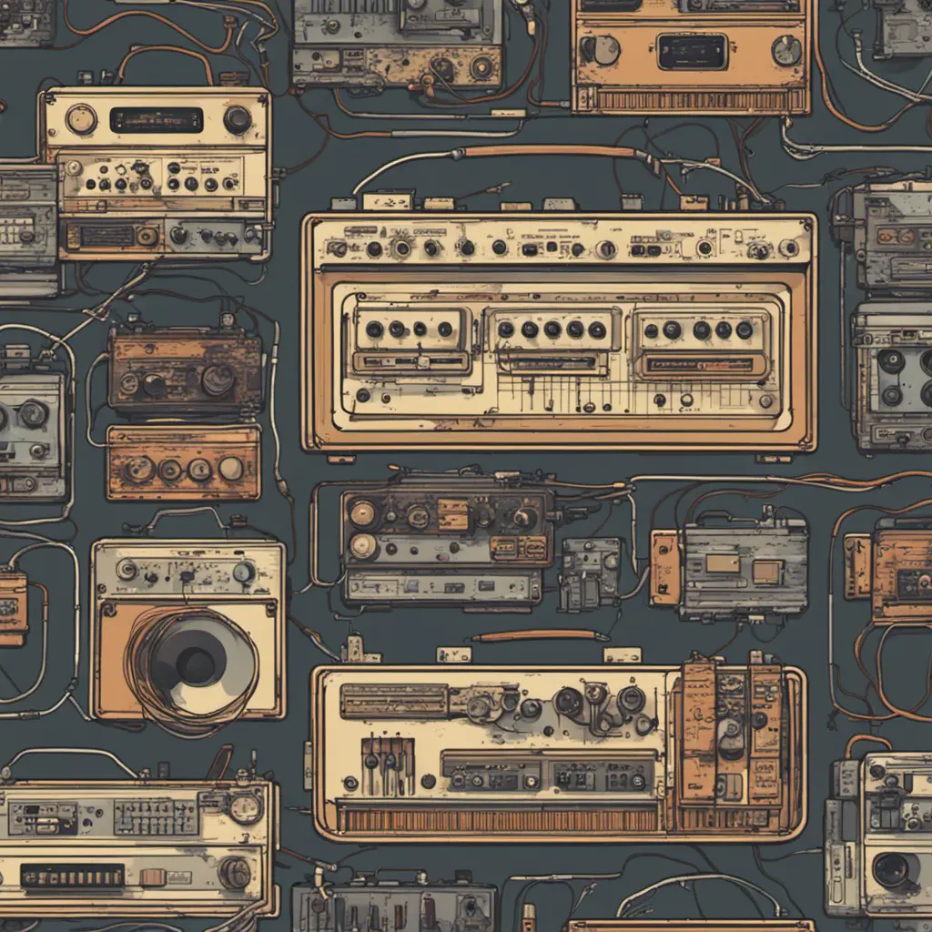 a bentobox that contains musical instruments including an 80's synthesizer at the bottom and effect pedals and tape cassette loopers, in the style of circuit bending, beat up, duct tape, screws, circuits, wires, dirty, broken, capacitors, cables, grunge, 8k, Highly Detailed, Vintage Illustration, Sharp Focus, Smooth, Octane Render