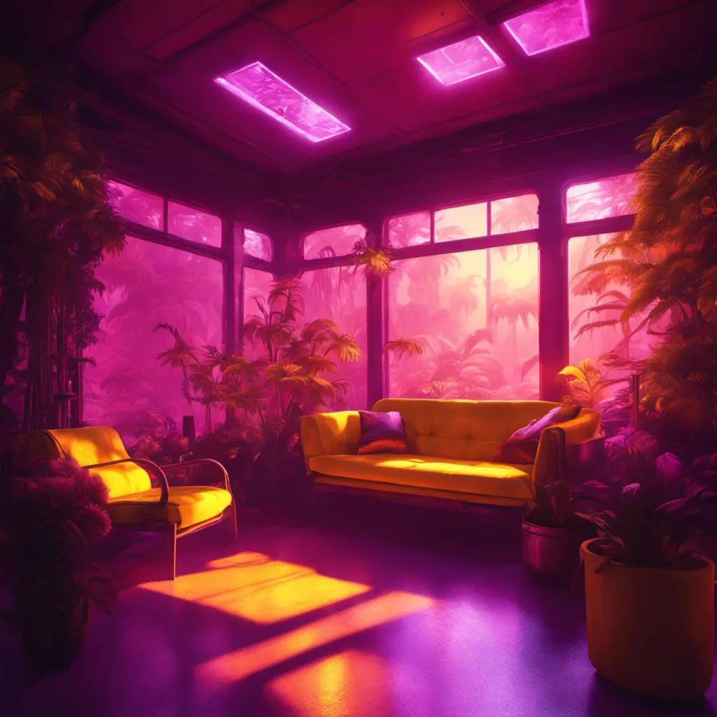 A beautiful render of a yellow city sunroom, galactic alien synthwave rainforest noir thermal imaging myst uv light, flowers, Highly Detailed, Cinematic Lighting, Neon, Concept Art