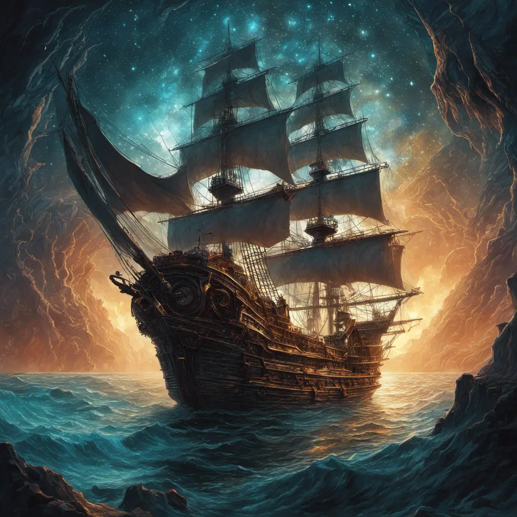 Pirate Ship, Intricate, Ultra Detailed, Symmetry, Beautiful, Sharp Focus, Astrophotography, Centered, Volumetric Lighting by Dan Mumford, Marc Simonetti