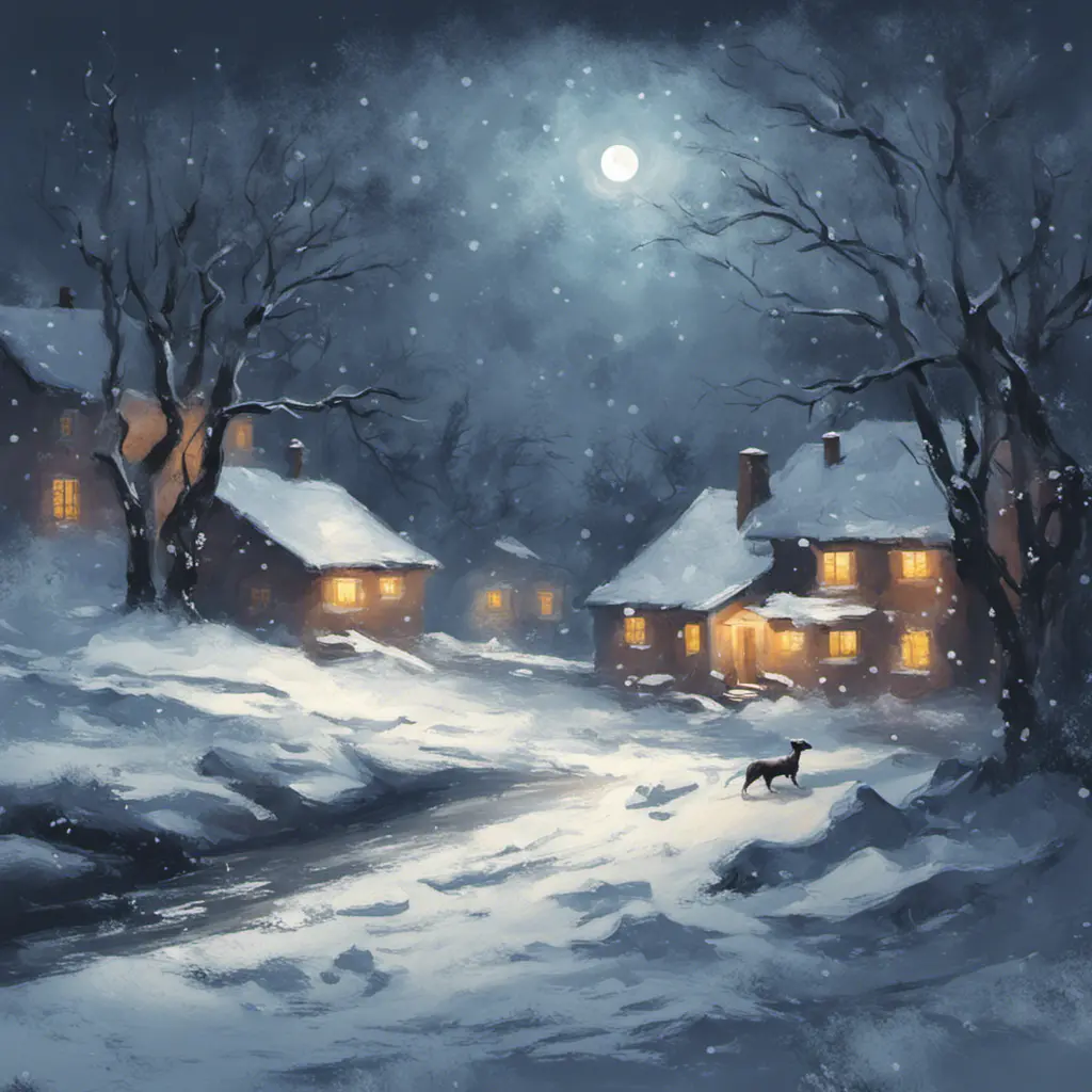 Tee shirt design Snowy midnight scene in winter. impressionist style, Matte Painting