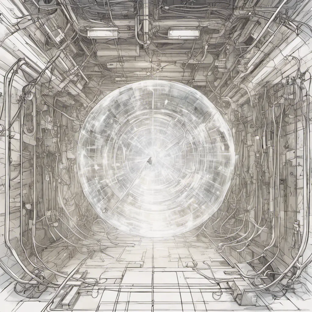 Drawing of a cosmic extraterrestrial technology healing chamber, with many cables connecting the chamber to a large translucent transparent crystal. a body silhouette inside. Ambient aircraft, Cybernatic and Sci-Fi