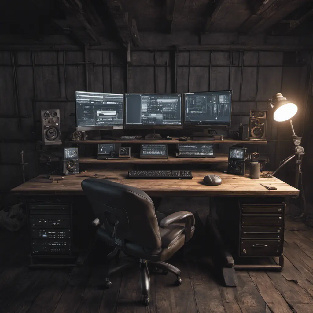 A dark industrial wood desk with many monitors, Photo Realistic, Volumetric light effect, Octane Render, Unreal Engine, Ambient Occlusion, Maximalism, Industrial