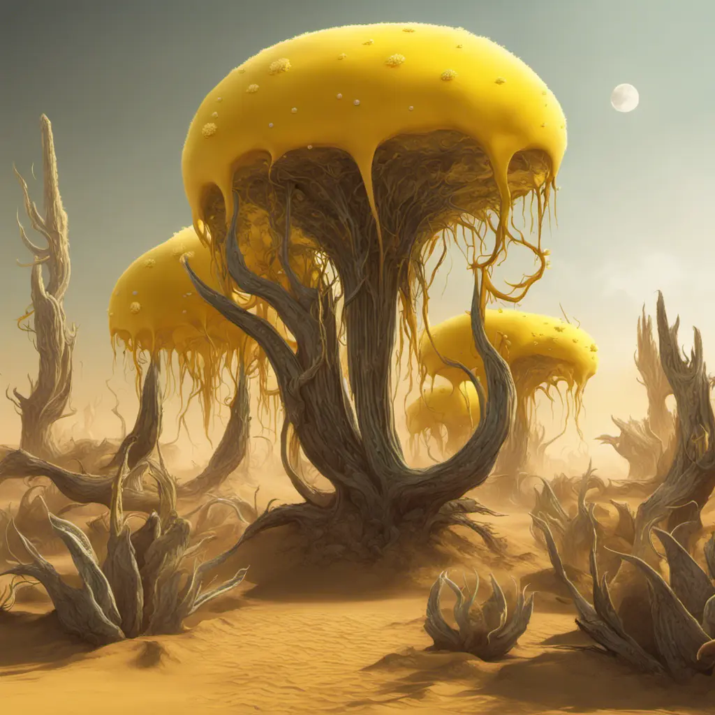 Create a surreal desert with alien plants, the plants are shaped like canary_yellow_perlwhite,are partially transparent with tentacles and spines, in the sand laying pearls,  backdrop is the storm of cosmic dust and cosmic clouds the heaven is dark colored unreal engine 6 color palette knives painting oel on canvas conzeptart , high qualty, cinema_stil, wide shot, Vibrant Colors