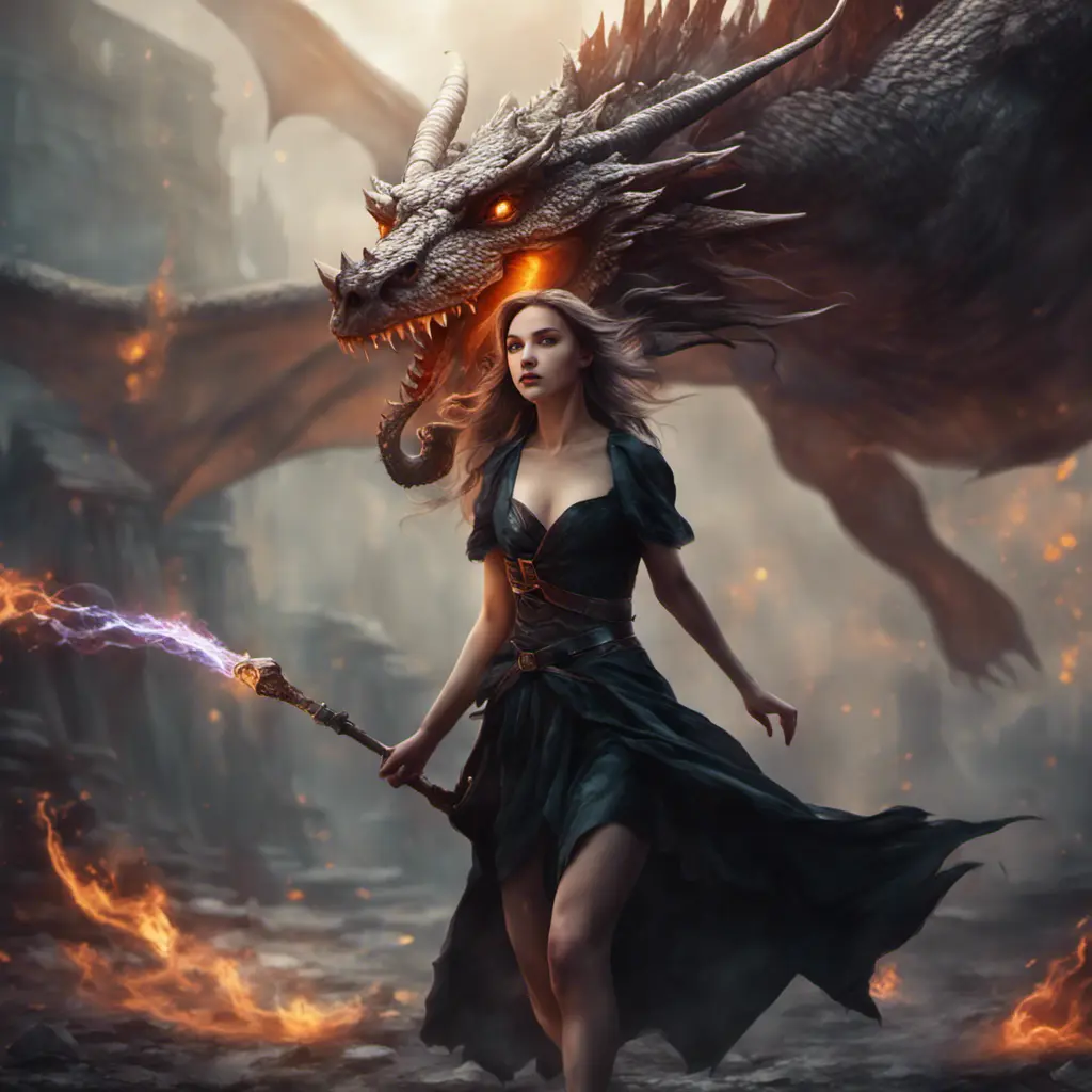 Beautiful sorceress girl running away from dragon, Gothic and Fantasy, Stunning, Digital Painting, Cinematic Lighting, Sharp Focus