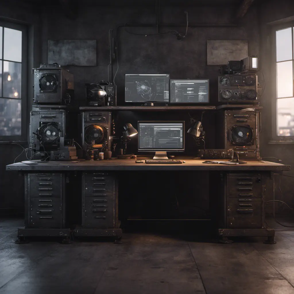 A dark industrial wood desk with many monitors, Photo Realistic, Volumetric light effect, Octane Render, Unreal Engine, Ambient Occlusion, Maximalism, Industrial