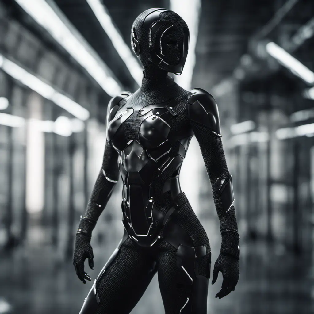 An ultrarealistic photograph of a minimalist futuristic full body power suit, without lights, made of black mate metal and polymer, full crystal hull, for a fit woman, 8k, Dystopian, Minimalism, Elegant