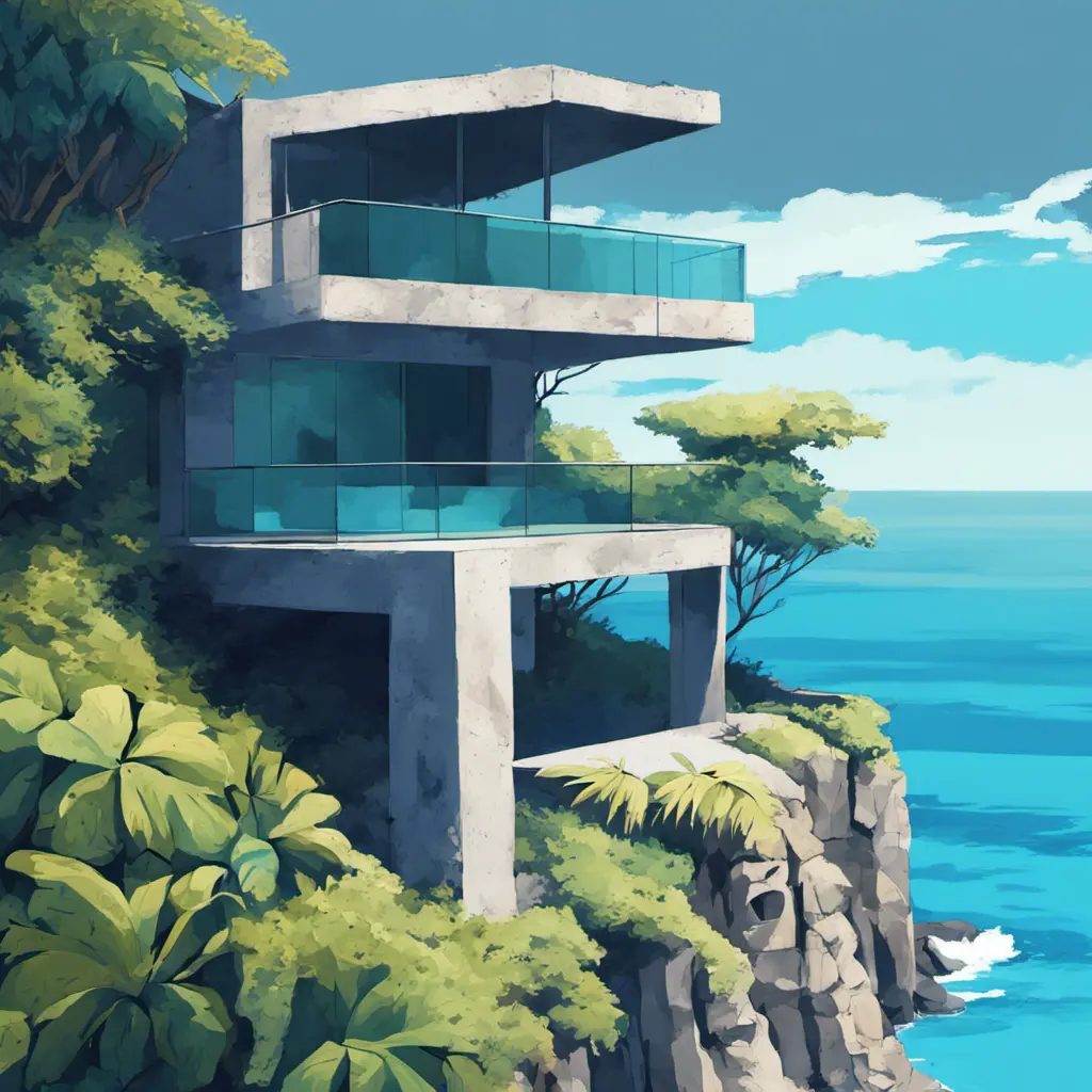 Grey concrete structure on a cliff, coastal view, contemporary, high contrast, cell shading, strong shadows, vivid hues, azure ocean, lush vegetation, tropical, Contemporary, Digital Painting, Anime, Cozy