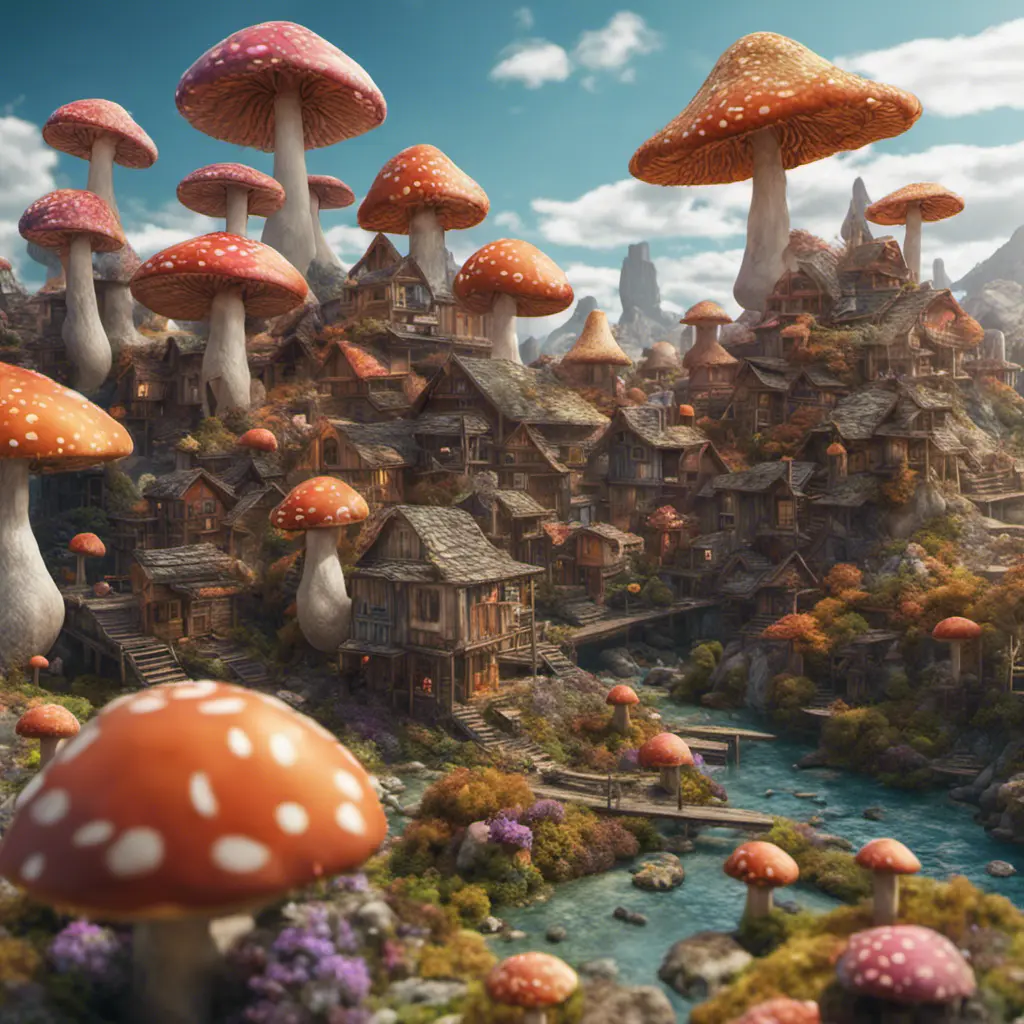 An intricate village made of psychedelic mushrooms, 3D Rendering by Greg Rutkowski