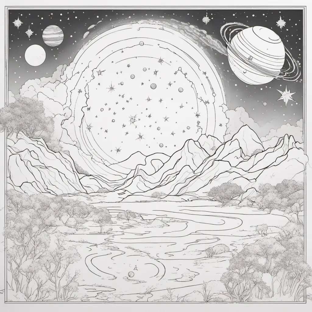 Coloring book with simple and artistic art of a constellation with shooting stars and the solar system, Matte Painting