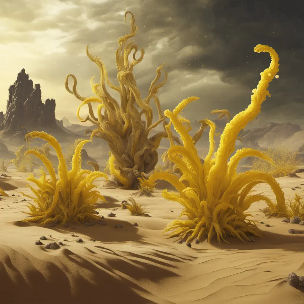 Create a surreal desert with alien plants, the plants are shaped like canary_yellow_perlwhite,are partially transparent with tentacles and spines, in the sand laying pearls,  backdrop is the storm of cosmic dust and cosmic clouds the heaven is dark colored unreal engine 6 color palette knives painting oel on canvas conzeptart , high qualty, cinema_stil, wide shot, Vibrant Colors