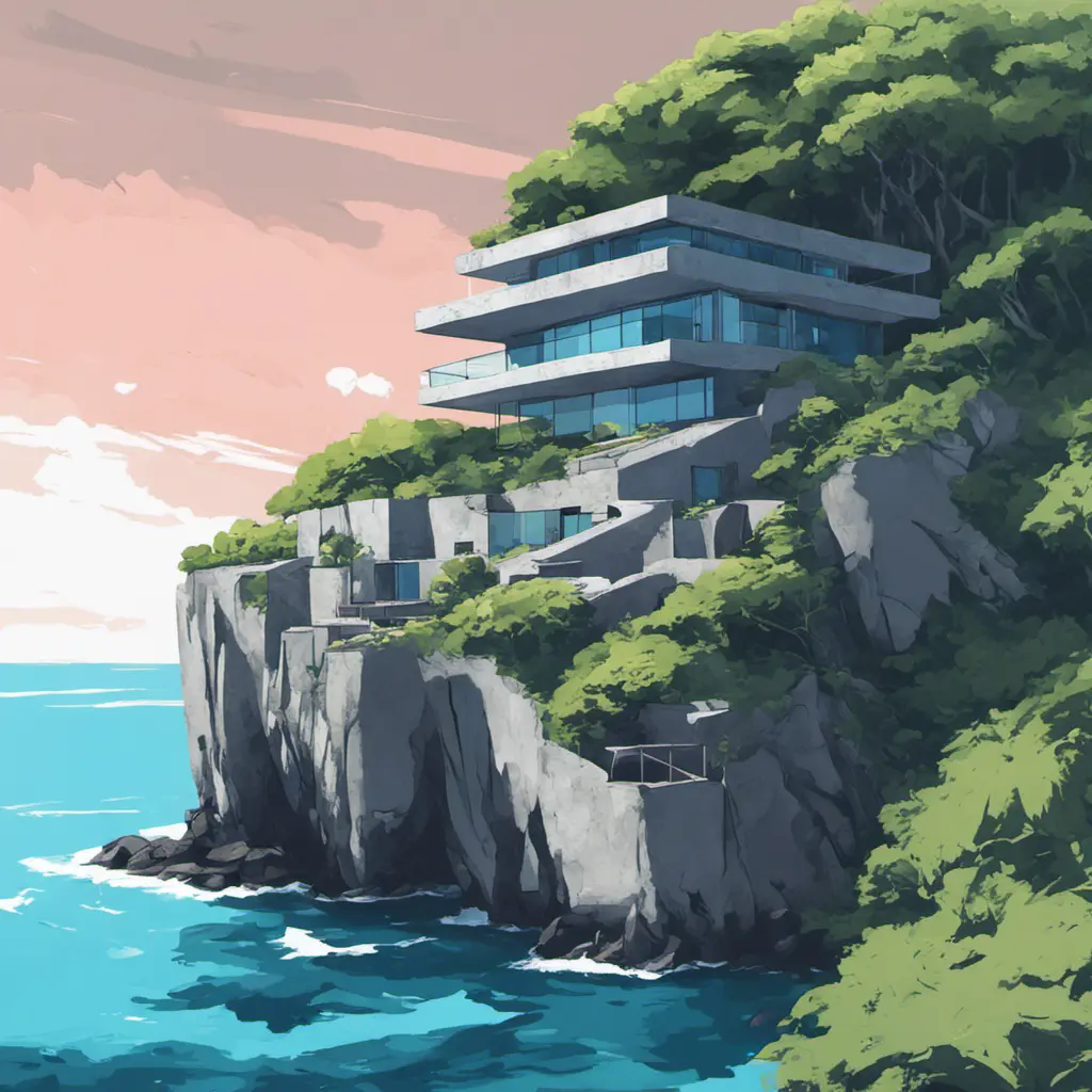 Grey concrete structure on a cliff, coastal view, contemporary, high contrast, cell shading, strong shadows, vivid hues, azure ocean, lush vegetation, tropical, Contemporary, Digital Painting, Anime, Cozy