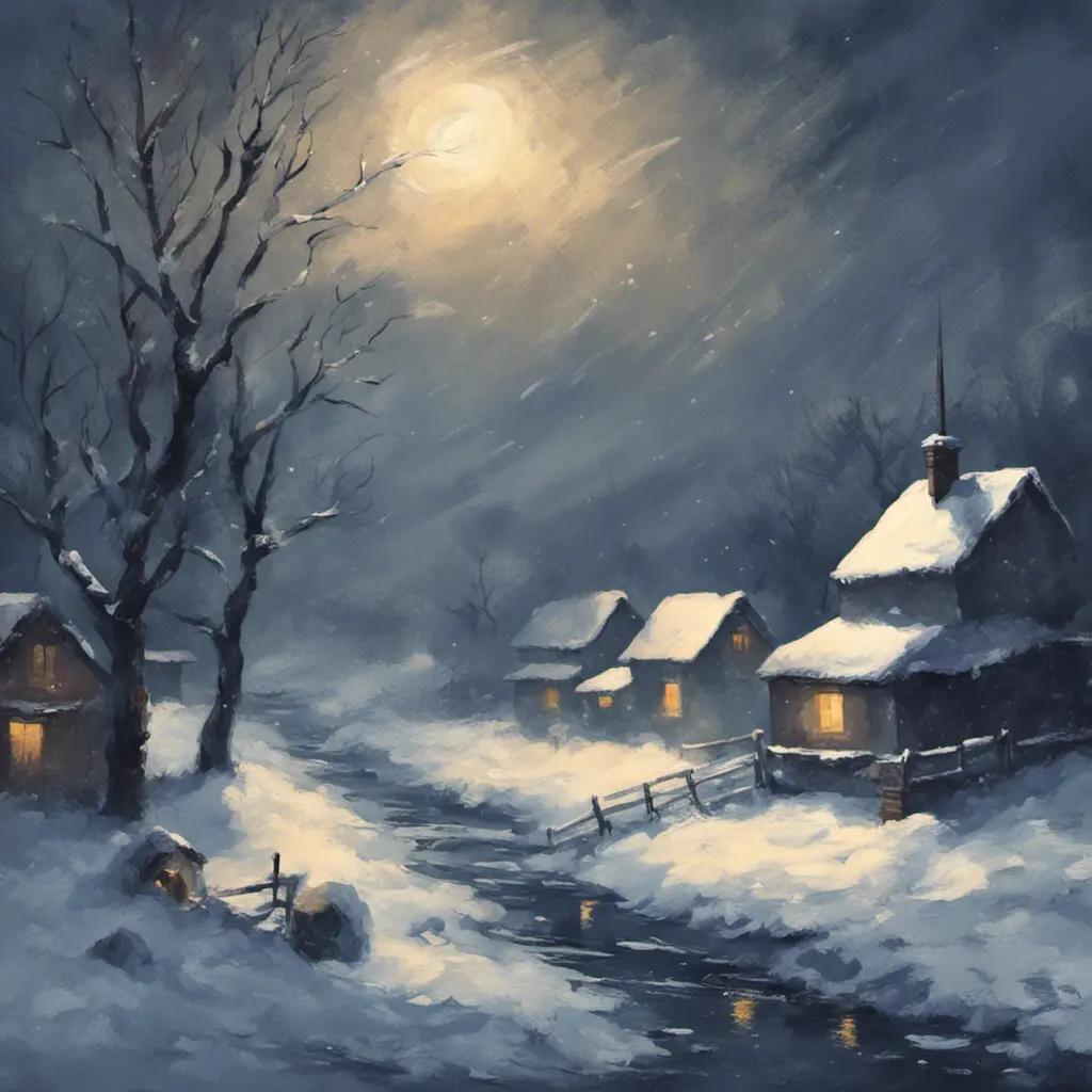 Tee shirt design Snowy midnight scene in winter. impressionist style, Matte Painting