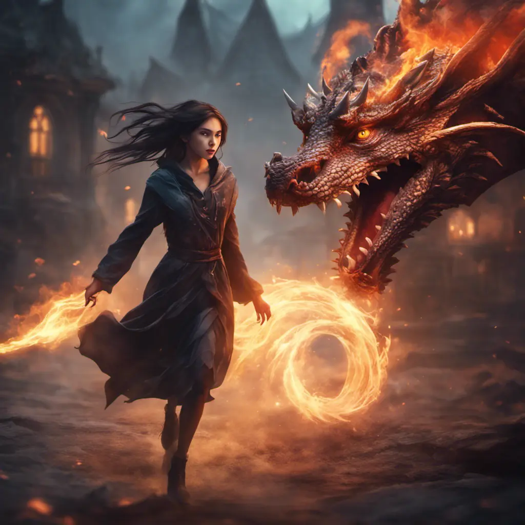 Beautiful sorceress girl running away from dragon, Gothic and Fantasy, Stunning, Digital Painting, Cinematic Lighting, Sharp Focus