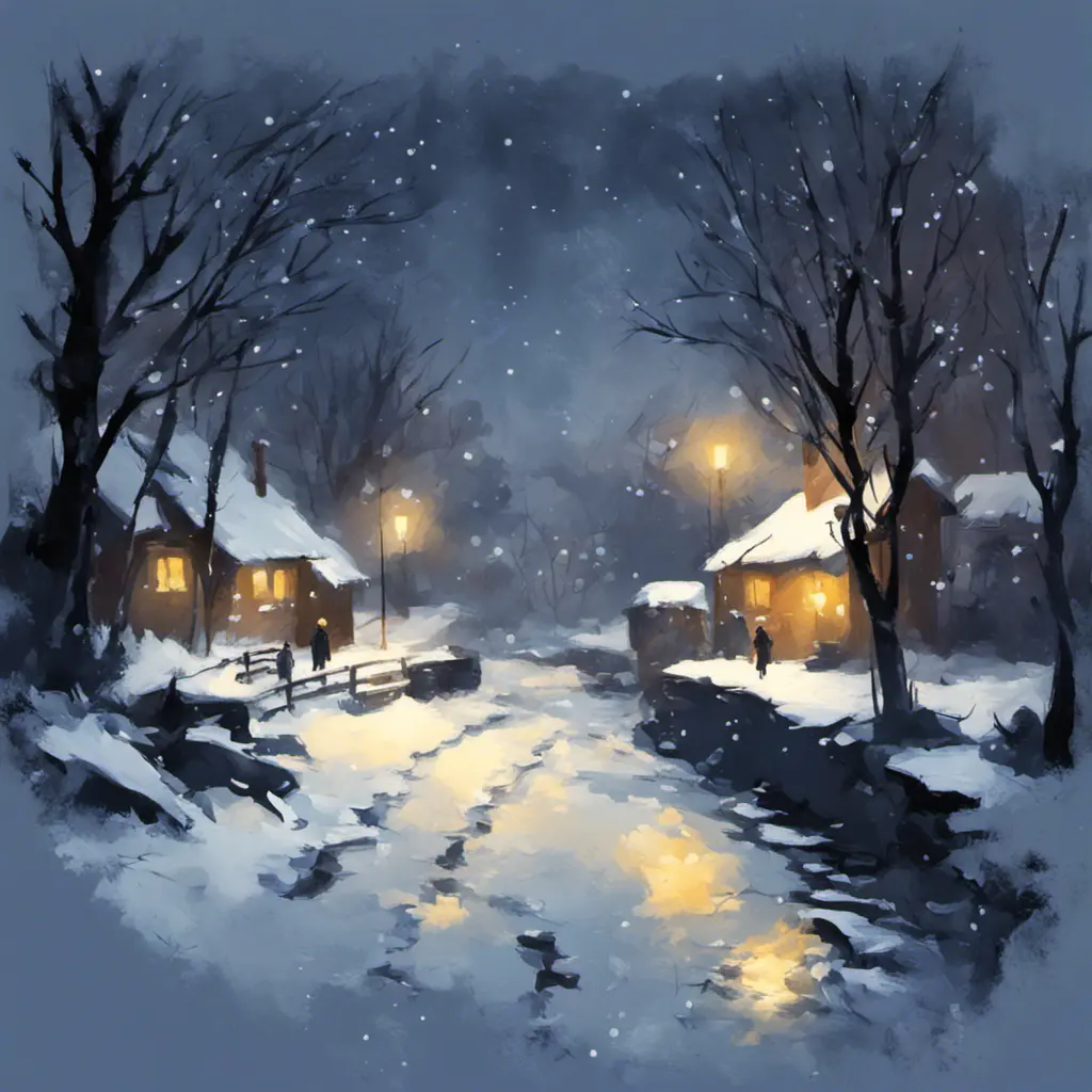 Tee shirt design Snowy midnight scene in winter. impressionist style, Matte Painting