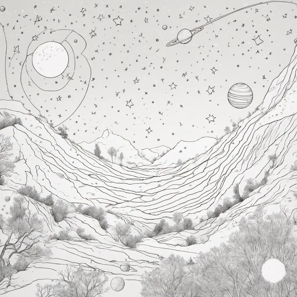 Coloring book with simple and artistic art of a constellation with shooting stars and the solar system, Matte Painting