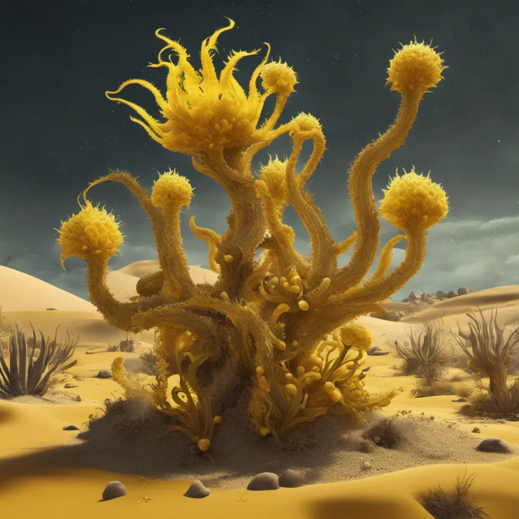 Create a surreal desert with alien plants, the plants are shaped like canary_yellow_perlwhite,are partially transparent with tentacles and spines, in the sand laying pearls,  backdrop is the storm of cosmic dust and cosmic clouds the heaven is dark colored unreal engine 6 color palette knives painting oel on canvas conzeptart , high qualty, cinema_stil, wide shot, Vibrant Colors