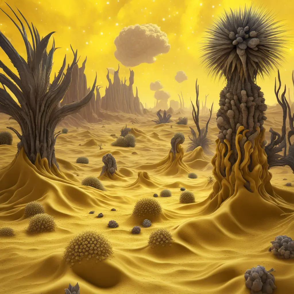 Create a surreal desert with alien plants, the plants are shaped like canary_yellow_perlwhite,are partially transparent with tentacles and spines, in the sand laying pearls,  backdrop is the storm of cosmic dust and cosmic clouds the heaven is dark colored unreal engine 6 color palette knives painting oel on canvas conzeptart , high qualty, cinema_stil, wide shot, Vibrant Colors