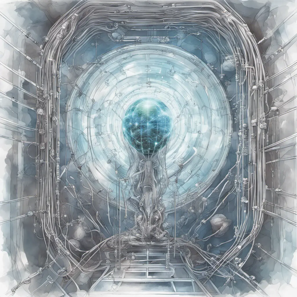 Drawing of a cosmic extraterrestrial technology healing chamber, with many cables connecting the chamber to a large translucent transparent crystal. a body silhouette inside. Ambient aircraft, Cybernatic and Sci-Fi