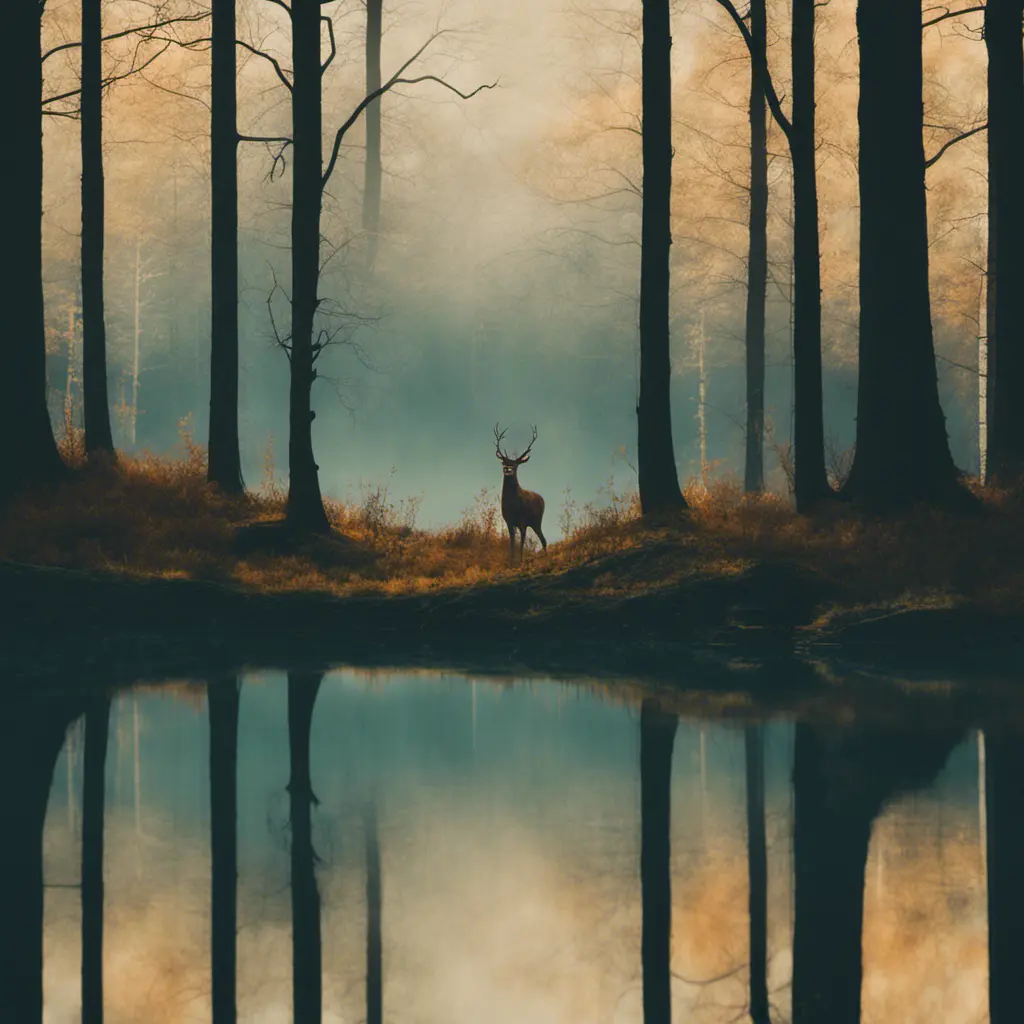 A deer among the trees, forest lake, moss, cold weather, dark teal and amber, Minimalism, Cinematic Lighting