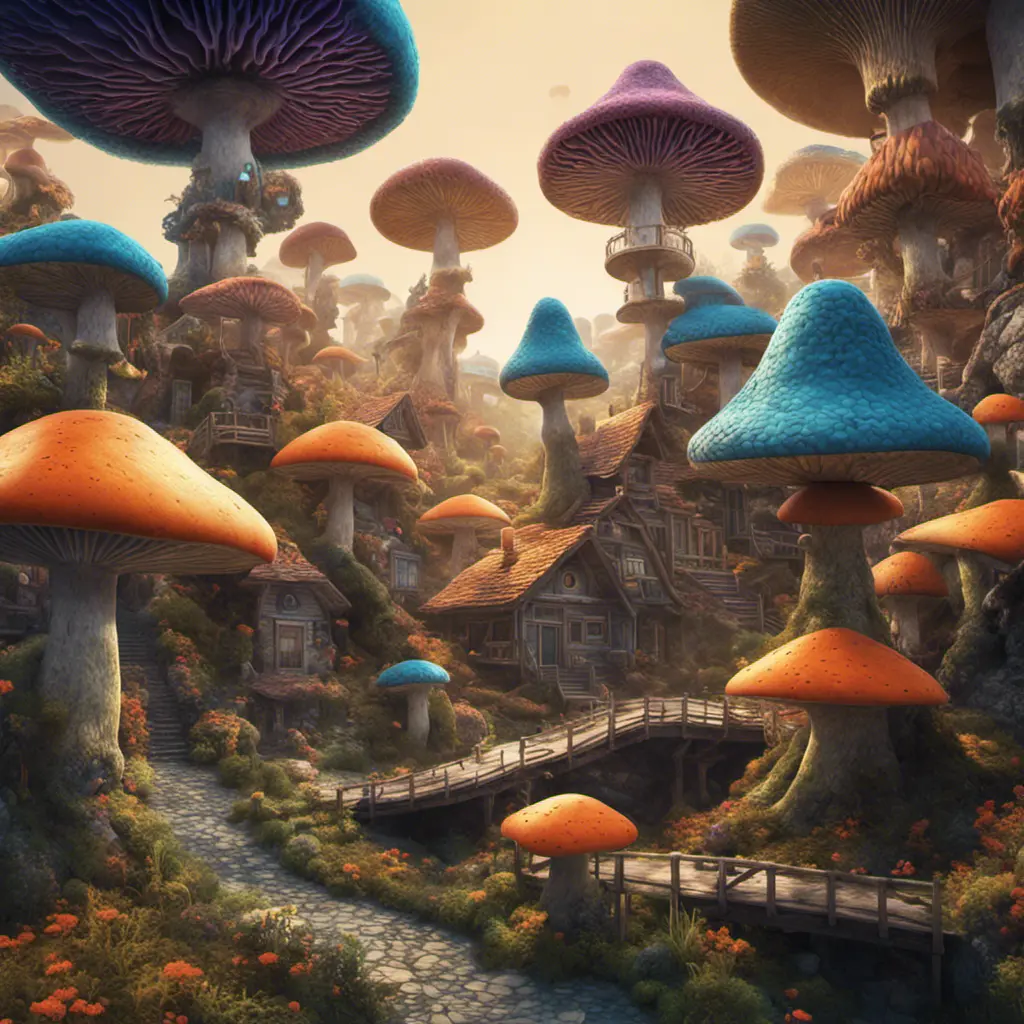 An intricate village made of psychedelic mushrooms, 3D Rendering by Greg Rutkowski