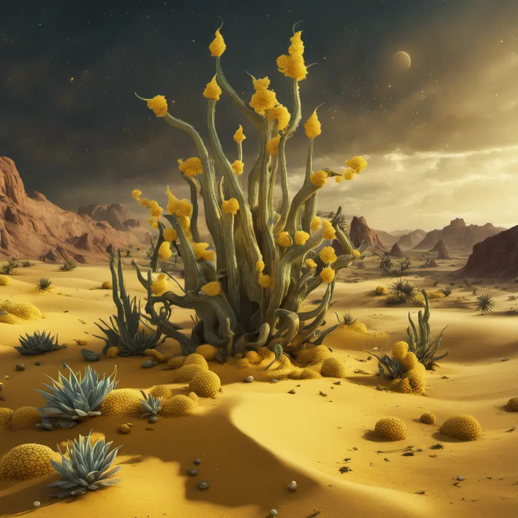 Create a surreal desert with alien plants, the plants are shaped like canary_yellow_perlwhite,are partially transparent with tentacles and spines, in the sand laying pearls,  backdrop is the storm of cosmic dust and cosmic clouds the heaven is dark colored unreal engine 6 color palette knives painting oel on canvas conzeptart , high qualty, cinema_stil, wide shot, Vibrant Colors