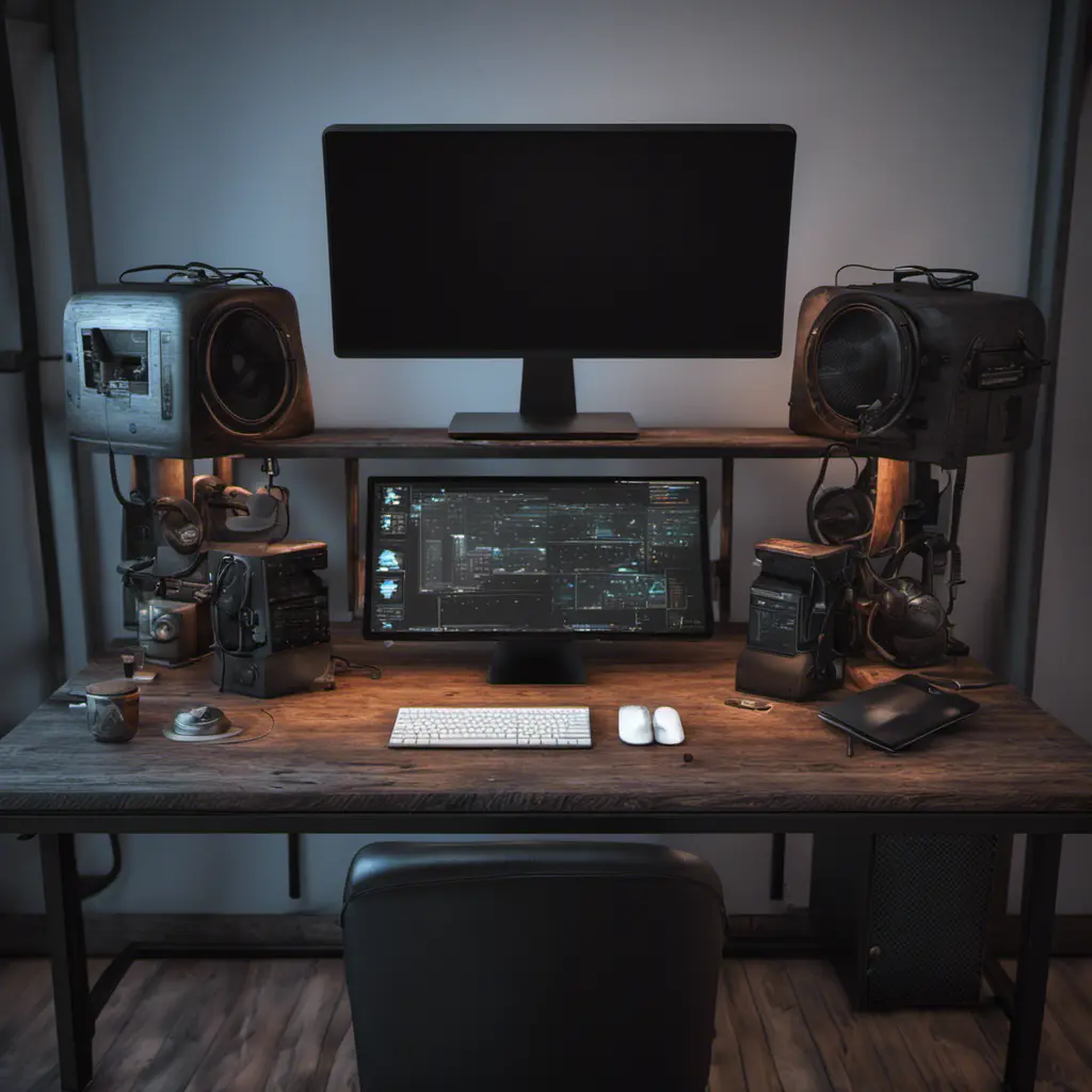 A dark industrial wood desk with many monitors, Photo Realistic, Volumetric light effect, Octane Render, Unreal Engine, Ambient Occlusion, Maximalism, Industrial