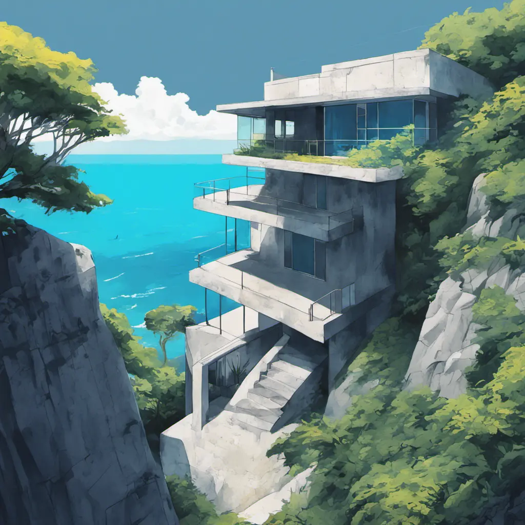 Grey concrete structure on a cliff, coastal view, contemporary, high contrast, cell shading, strong shadows, vivid hues, azure ocean, lush vegetation, tropical, Contemporary, Digital Painting, Anime, Cozy