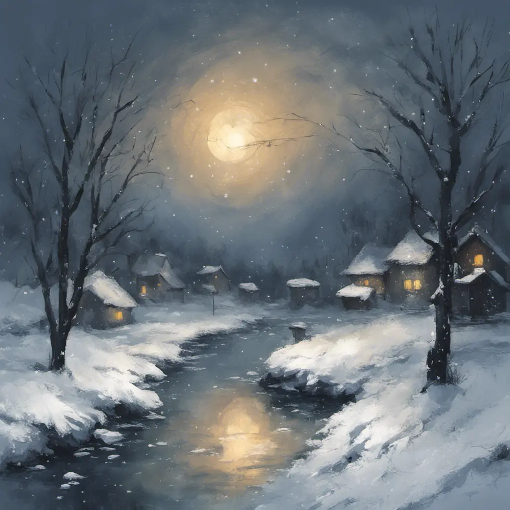 Tee shirt design Snowy midnight scene in winter. impressionist style, Matte Painting