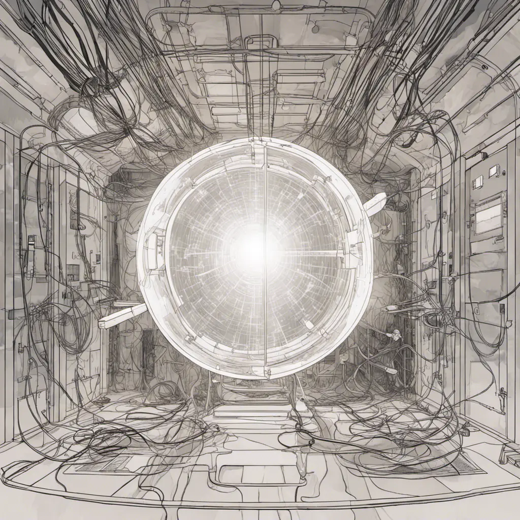 Drawing of a cosmic extraterrestrial technology healing chamber, with many cables connecting the chamber to a large translucent transparent crystal. a body silhouette inside. Ambient aircraft, Cybernatic and Sci-Fi