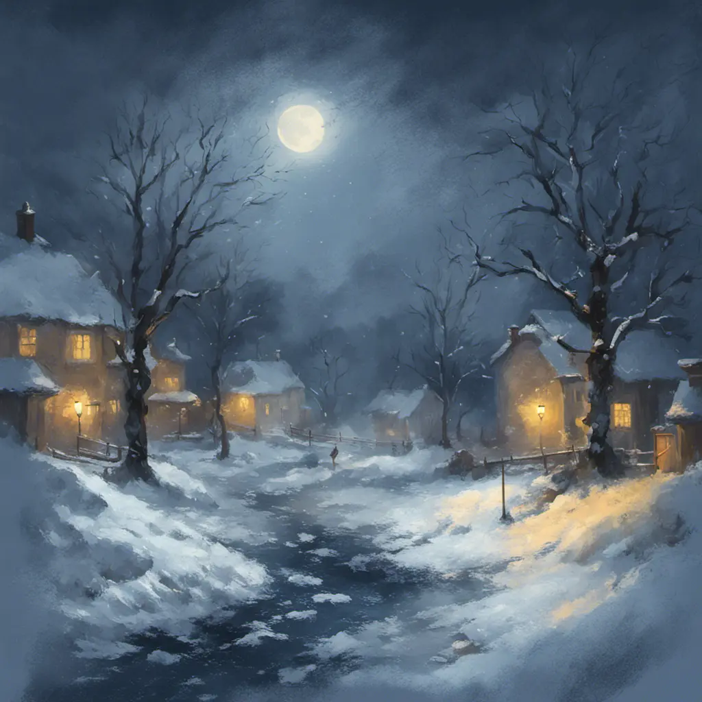 Tee shirt design Snowy midnight scene in winter. impressionist style, Matte Painting