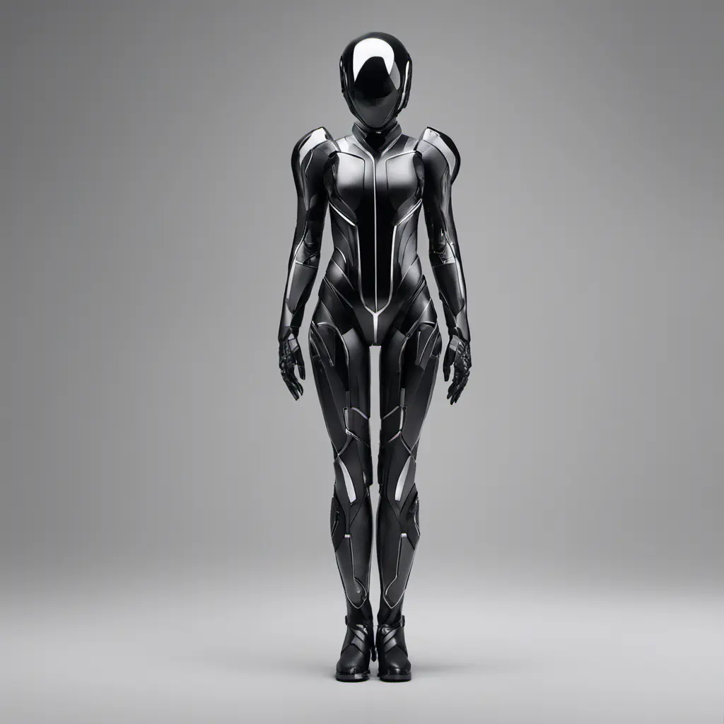 An ultrarealistic photograph of a minimalist futuristic full body power suit, without lights, made of black mate metal and polymer, full crystal hull, for a fit woman, 8k, Dystopian, Minimalism, Elegant