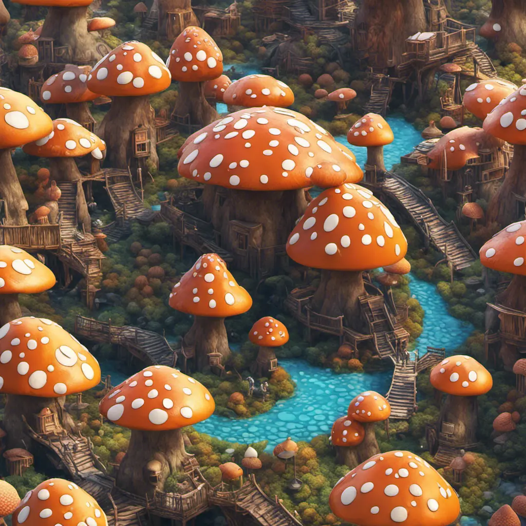 An intricate village made of psychedelic mushrooms, 3D Rendering by Greg Rutkowski