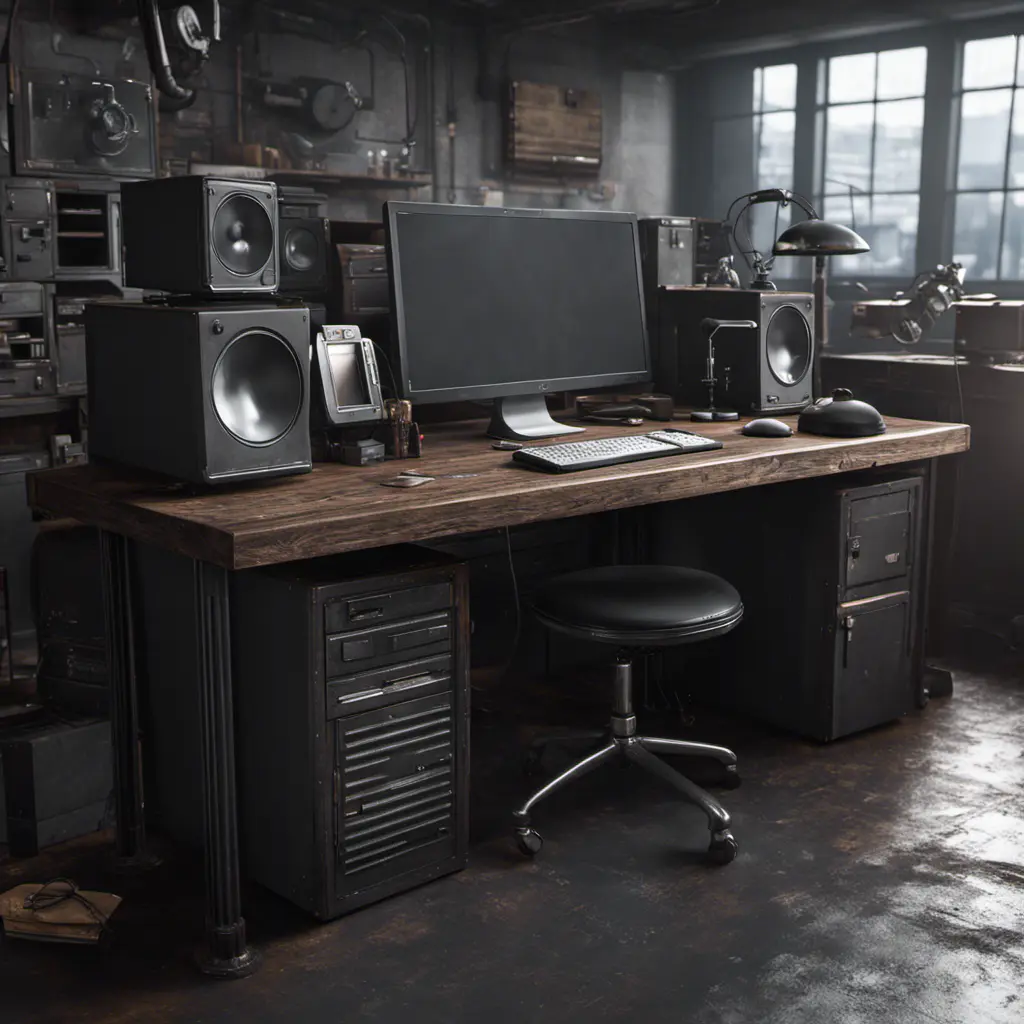 A dark industrial wood desk with many monitors, Photo Realistic, Volumetric light effect, Octane Render, Unreal Engine, Ambient Occlusion, Maximalism, Industrial