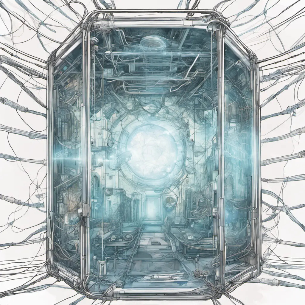 Drawing of a cosmic extraterrestrial technology healing chamber, with many cables connecting the chamber to a large translucent transparent crystal. a body silhouette inside. Ambient aircraft, Cybernatic and Sci-Fi