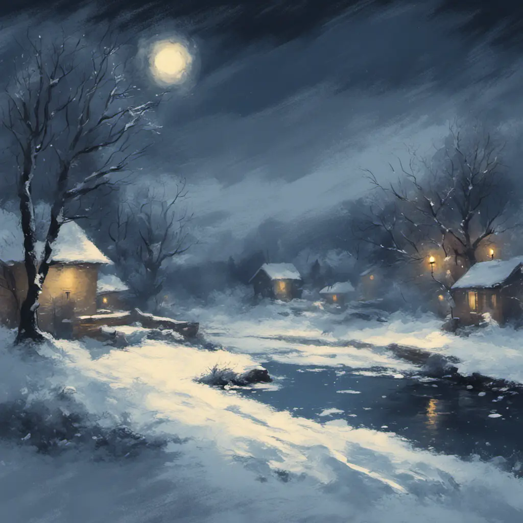 Tee shirt design Snowy midnight scene in winter. impressionist style, Matte Painting