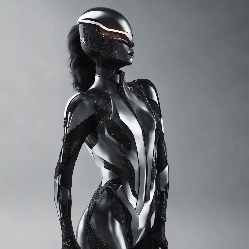 An ultrarealistic photograph of a minimalist futuristic full body power suit, without lights, made of black mate metal and polymer, full crystal hull, for a fit woman, 8k, Dystopian, Minimalism, Elegant