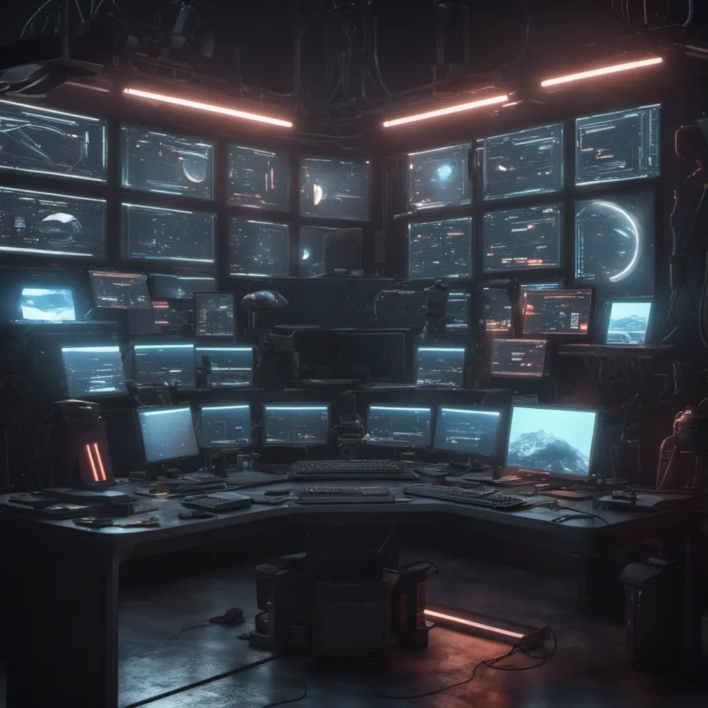 A dark industrial desk from the future with many monitors, Photo Realistic, Volumetric light effect, Octane Render, Unreal Engine, Ambient Occlusion, Maximalism, Industrial by Beeple