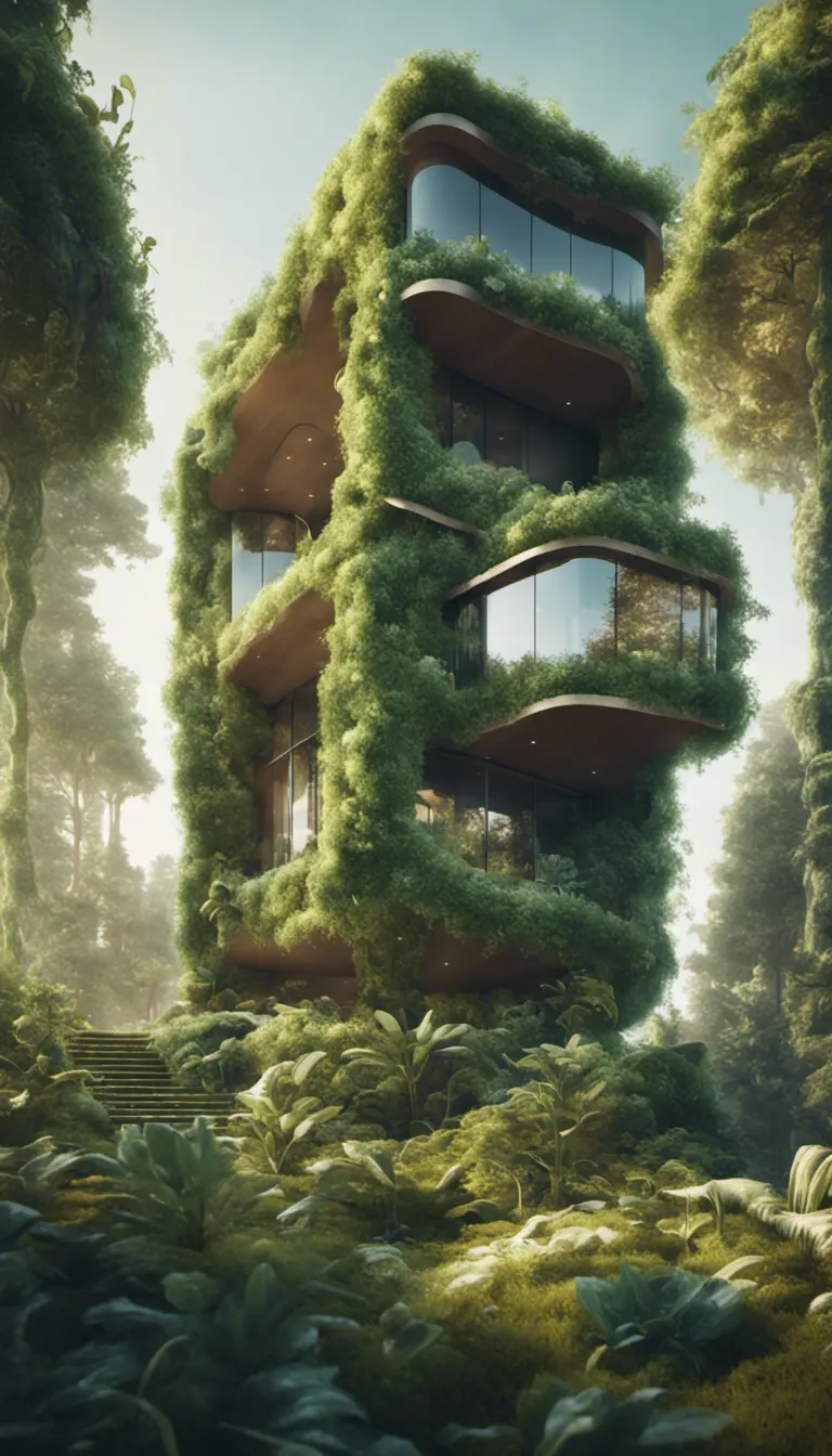 Beautiful futuristic organic house made from imaginary plants in a forest, 8k, Award-Winning, Highly Detailed, Beautiful, Epic, Octane Render, Unreal Engine, Radiant, Volumetric Lighting by Beeple