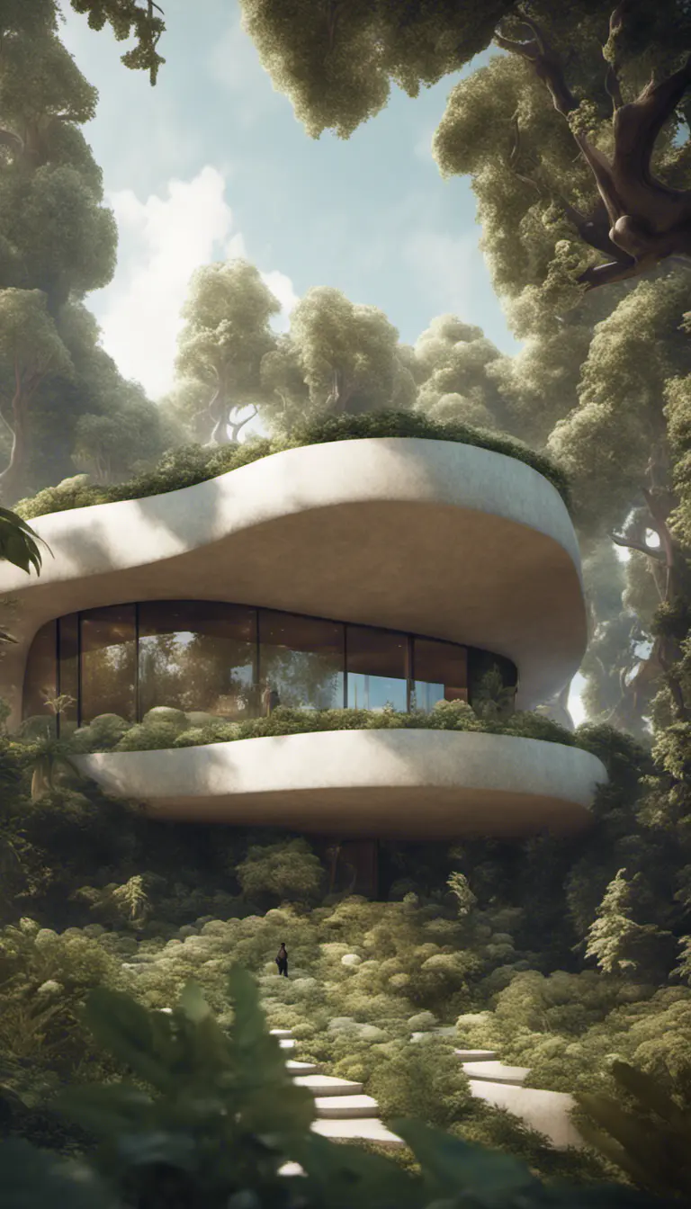 Beautiful futuristic organic house made from imaginary plants in a forest, 8k, Award-Winning, Highly Detailed, Beautiful, Epic, Octane Render, Unreal Engine, Radiant, Volumetric Lighting by WLOP