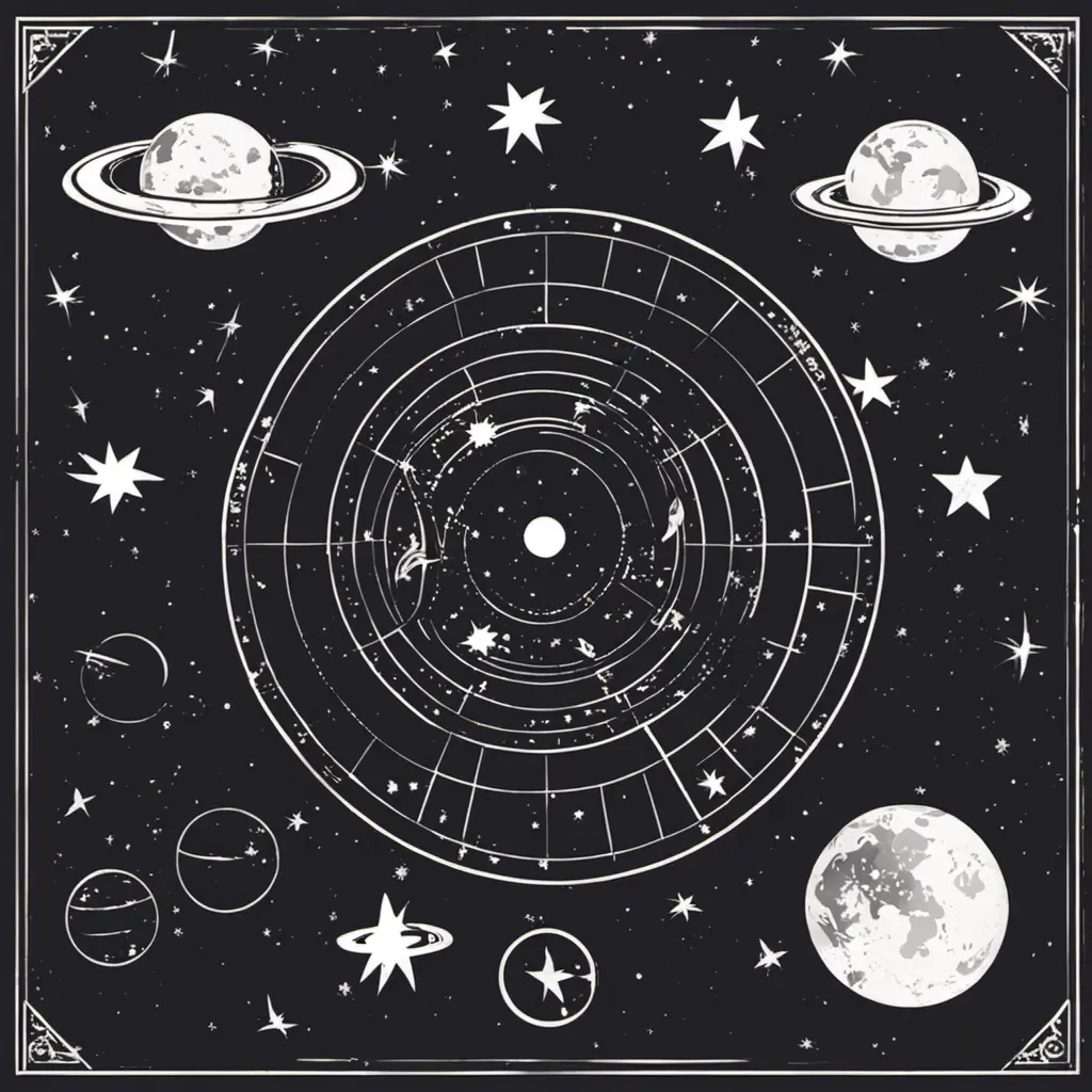 Stencil of astronomy horoscope in space with stars, planets, shooting stars and moon, Digital Illustration