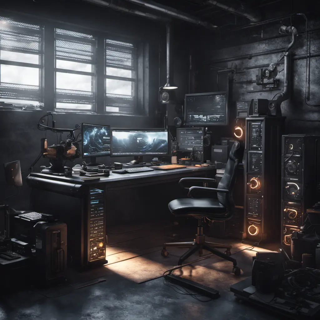 A dark industrial desk from the future with many monitors, Photo Realistic, Volumetric light effect, Octane Render, Unreal Engine, Ambient Occlusion, Maximalism, Industrial by Greg Rutkowski