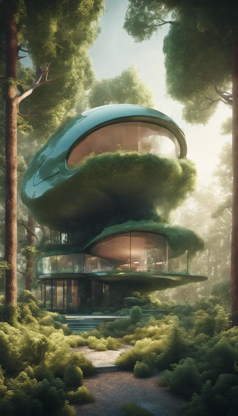 Beautiful futuristic organic house made from imaginary plants in a forest, 8k, Award-Winning, Highly Detailed, Beautiful, Epic, Octane Render, Unreal Engine, Radiant, Volumetric Lighting by Beeple