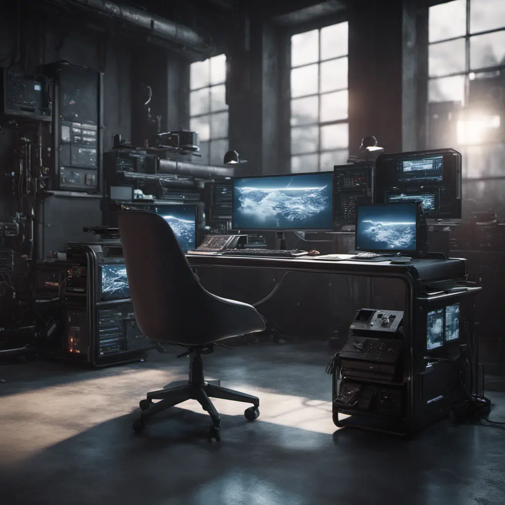 A dark industrial desk from the future with many monitors, Photo Realistic, Volumetric light effect, Octane Render, Unreal Engine, Ambient Occlusion, Maximalism, Industrial by Greg Rutkowski