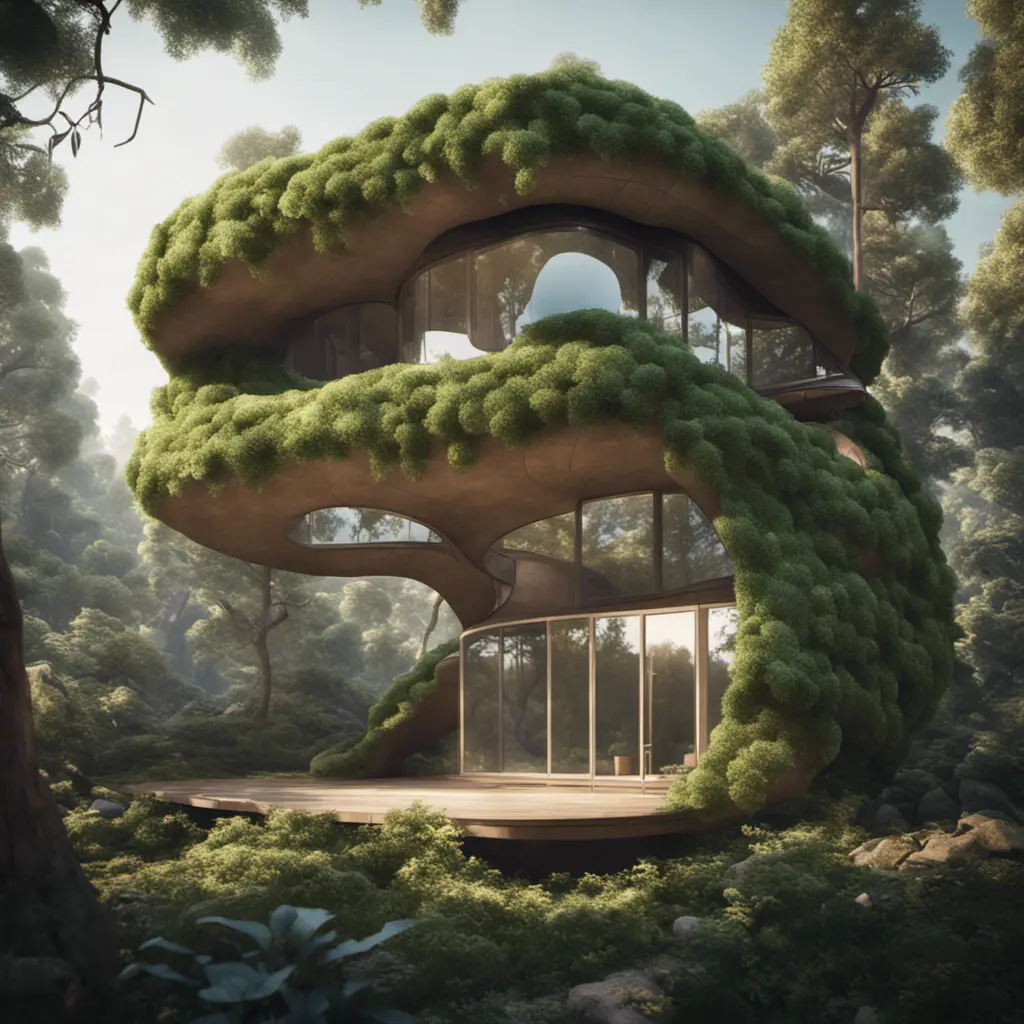 Beautiful futuristic organic house made from imaginary plants in a forest, 8k, Award-Winning, Highly Detailed, Beautiful, Epic, Octane Render, Unreal Engine, Radiant, Volumetric Lighting by Stefan Kostic