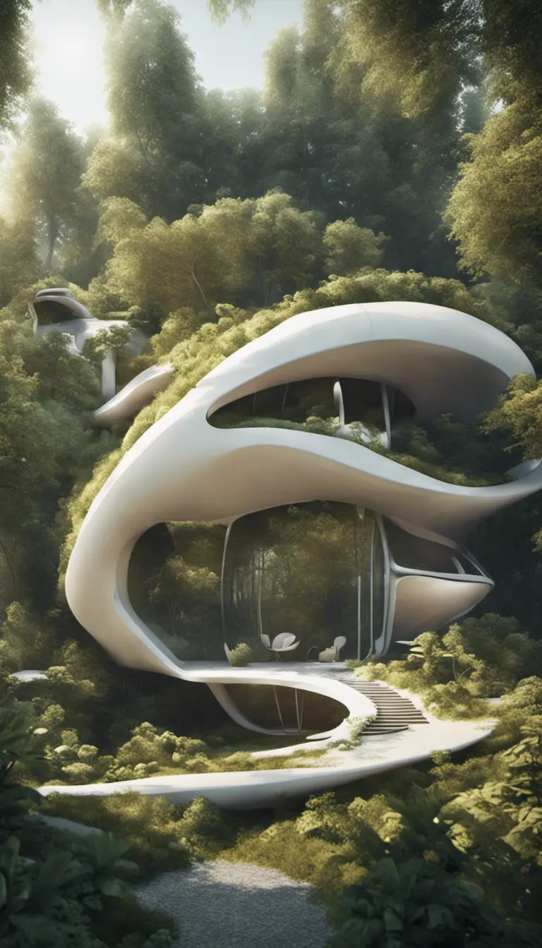 Beautiful futuristic organic house made from imaginary plants in a forest, 8k, Award-Winning, Highly Detailed, Beautiful, Epic, Octane Render, Unreal Engine, Radiant, Volumetric Lighting by Stefan Kostic