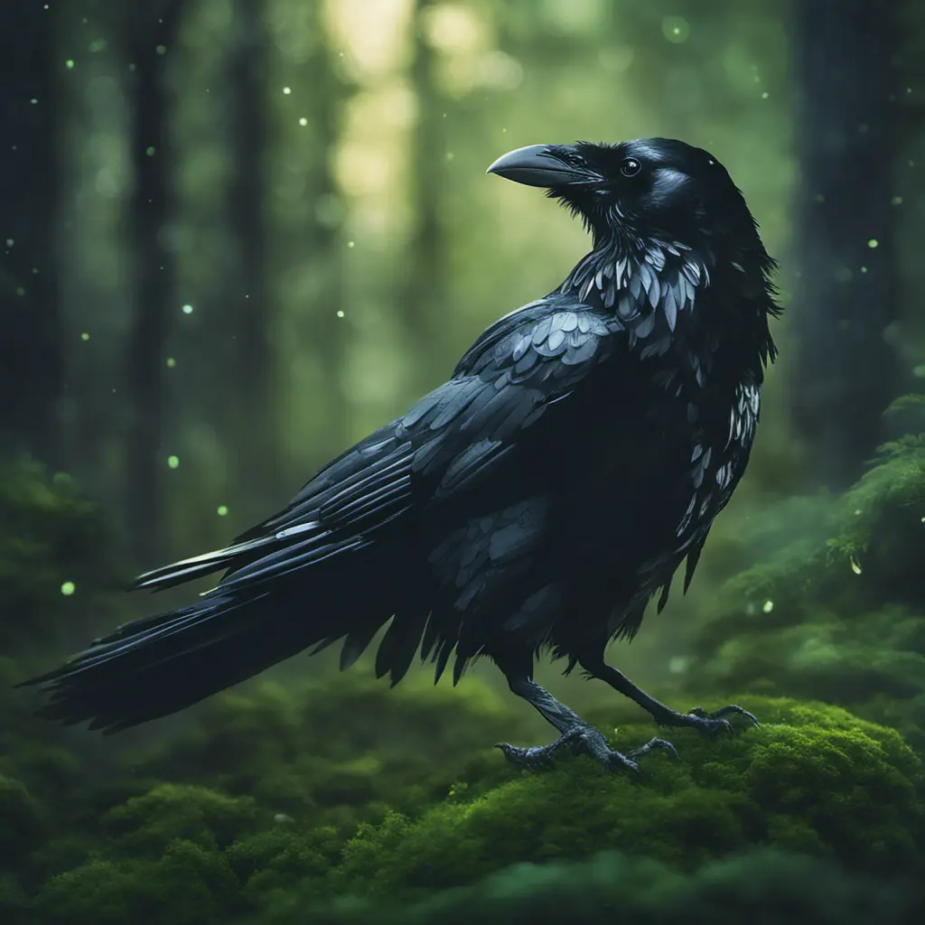 Raven in a green magical forest, Highly Detailed, Bokeh effect, Sharp Focus, Volumetric Lighting, Fantasy by Stefan Kostic