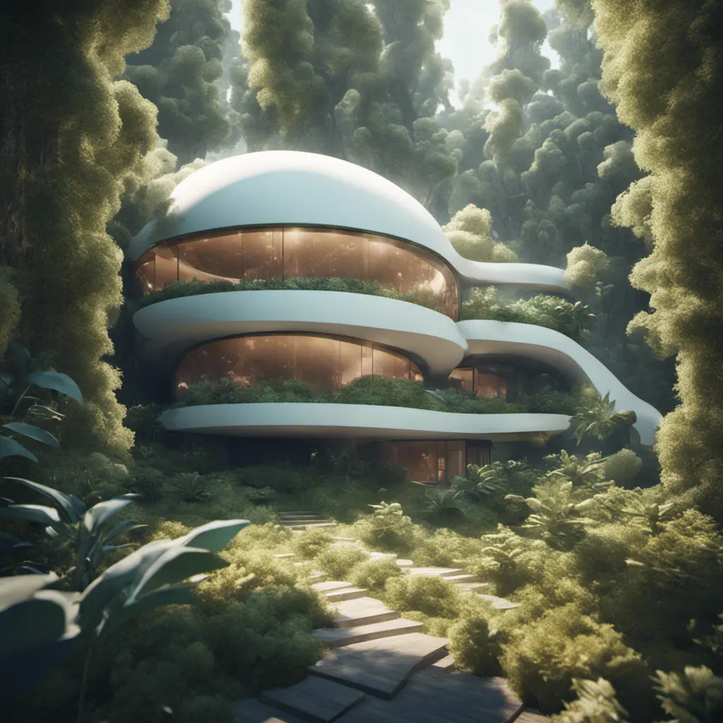 Beautiful futuristic organic house made from imaginary plants in a forest, 8k, Award-Winning, Highly Detailed, Beautiful, Epic, Octane Render, Unreal Engine, Radiant, Volumetric Lighting by Beeple